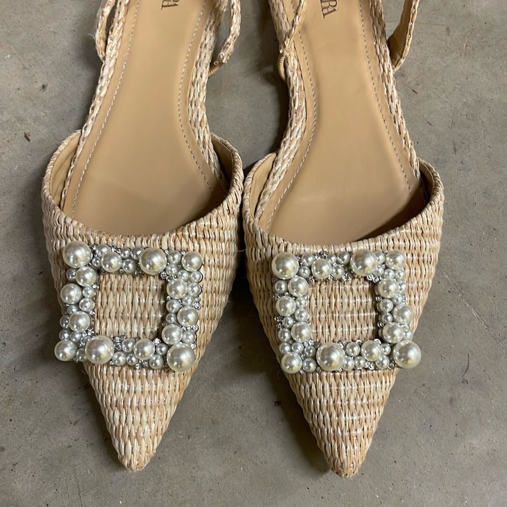 Zara raffia slingback slides with pearl and rhinestone buckles